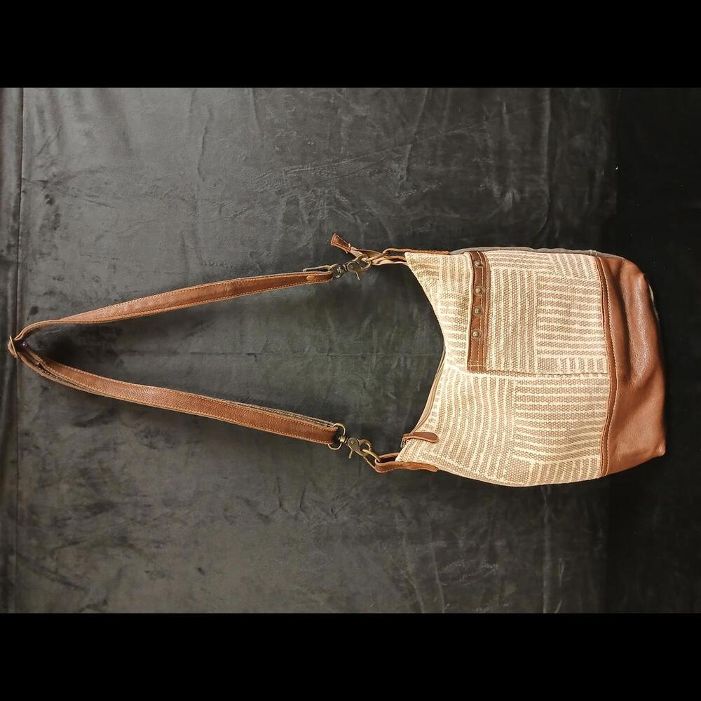 MYRA BAG Gray & Ivory Textile & Brown Leather 12 x 9 Crossbody Shoulder Bag